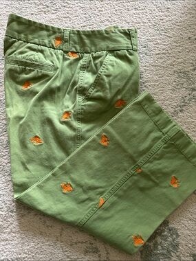 J. Crew Green Embroidered Capris with Orange Motifs
